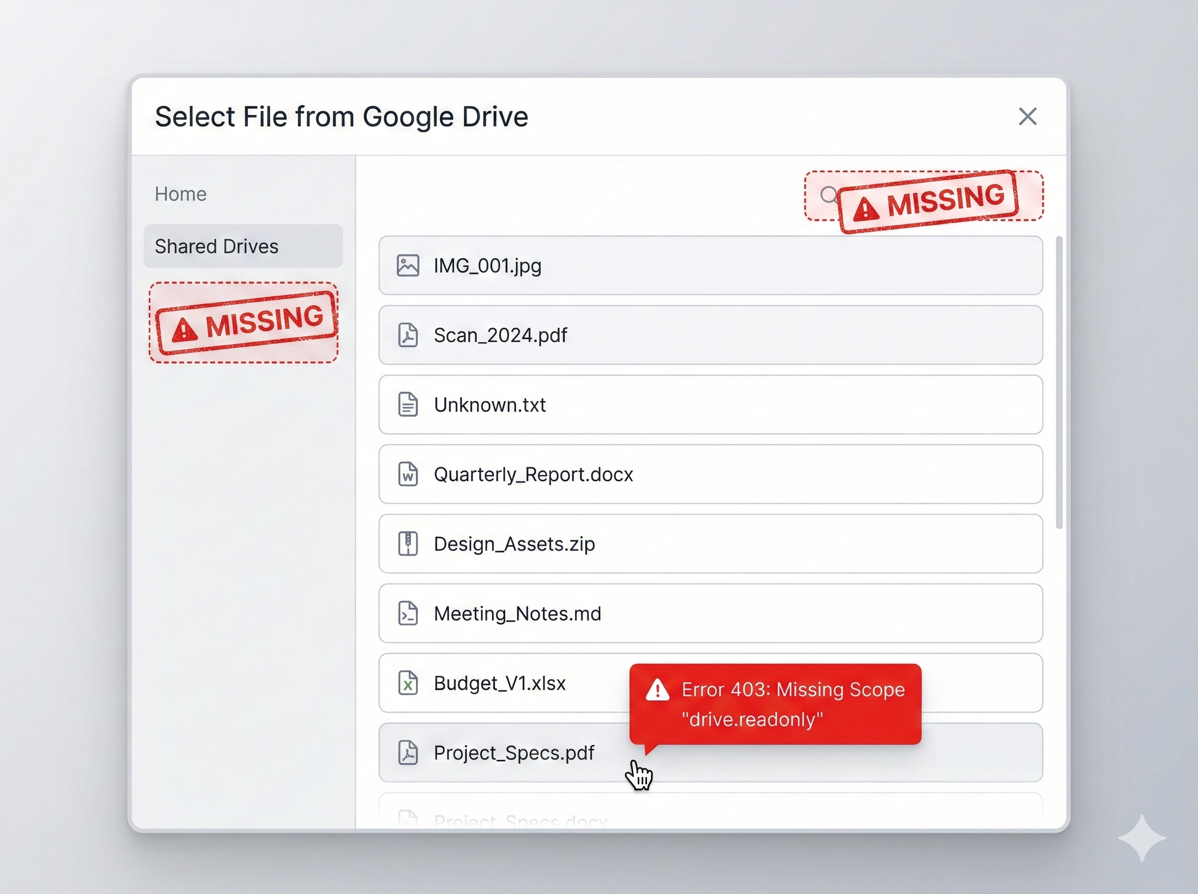 The agent's Google Drive integration: missing search, missing shared drives, broken scope permissions
